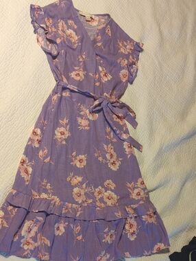 Lilac Floral Faux Wrap Dress with Ruffle Hem